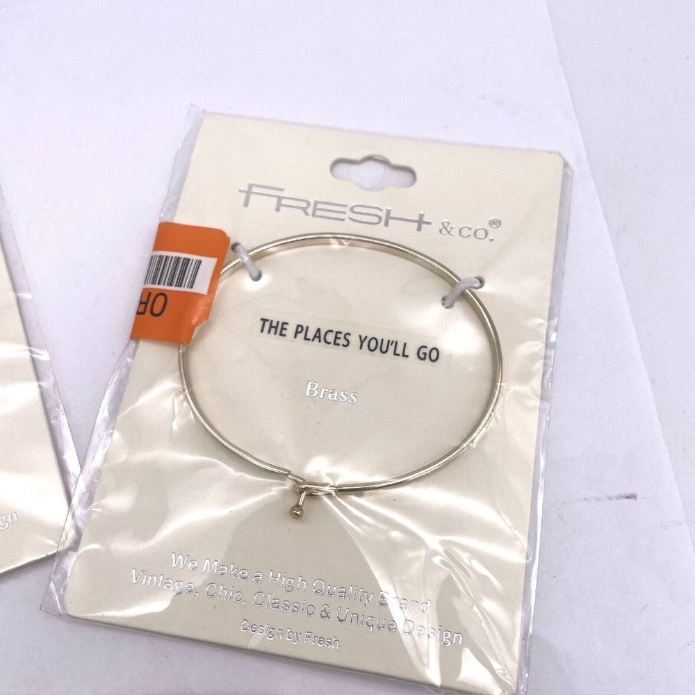 Vintage Fresh & Co the Places You "ll Go Brass Bangle Bracelet Silver Tone